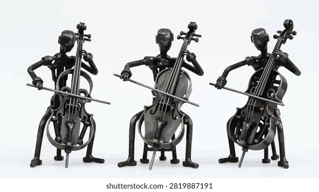Unique recycled metal cello player sculptures for industrial music decor.