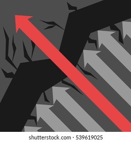 Unique red arrow avoids obstacles and other gray ones on black background. Leadership, individuality, success and courage concept. Flat design. Vector illustration. EPS 8, no transparency