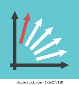 Unique red arrow and many white ones with axes on turquoise blue. Investment, growth, competition and innovation concept. Flat design. EPS 8 vector illustration, no transparency, no gradients