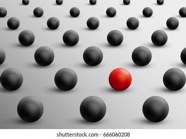 Unique red ball among black ones. Abstract leadership concept. Vector illustration. Business teamwork and success background