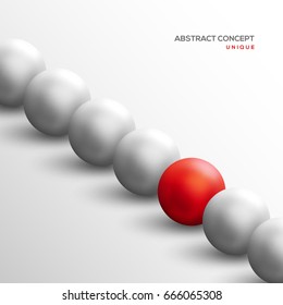 Unique red ball among white ones in diagonal row. Abstract leadership concept. Vector illustration. Business teamwork and success background