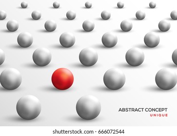 Unique red ball among white ones. Abstract leadership concept. Vector illustration. Business teamwork and success background