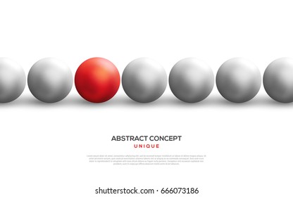 Unique red ball among white ones in row. Abstract leadership concept. Vector illustration. Business teamwork and success background