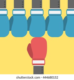 Unique red boxing glove fighting group of many blue ones. Business, strength, power, competition, challenge, courage, rivalry and conflict concept. EPS 8 vector illustration, no transparency