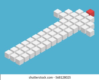 Unique red cube in white isometric arrow isolated on blue background. Leadership, unique and teamwork concept. Flat design. Vector illustration. EPS 8, no transparency