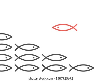 Unique red fish against shoal of many black. Opposition, conflict, contradiction, courage, society and discrimination concept. Flat design. EPS 8 vector illustration, no transparency, no gradients