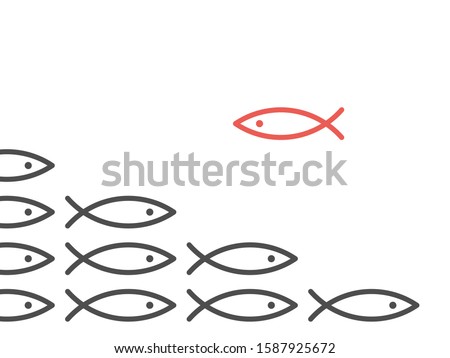 Unique red fish against shoal of many black. Opposition, conflict, contradiction, courage, society and discrimination concept. Flat design. EPS 8 vector illustration, no transparency, no gradients