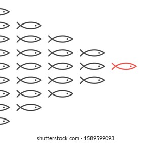 Unique red fish leading shoal of many black. Leadership, following, motivation, management, teamwork and courage concept. Line art flat design. EPS 8 vector illustration, no transparency, no gradients