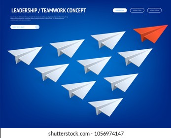 Unique red isometric paper plane and many white ones on sky background. Leadership, teamwork and courage concept. Vector illustration. 