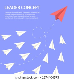 Unique red isometric paper plane and many white ones on turquoise blue sky. Leadership, teamwork and courage concept. Flat design. EPS 8 compatible vector illustration, no transparency, no gradients