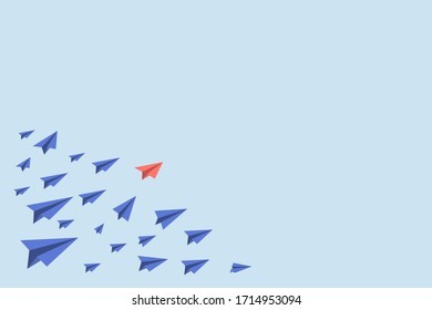 Unique red isometric paper plane and many white ones on turquoise blue sky. Leadership, teamwork and courage concept. Flat design. EPS 10 compatible vector illustration, no transparency, no gradients