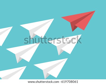 Unique red isometric paper plane and many white ones on turquoise blue sky. Leadership, teamwork and courage concept. Flat design. EPS 8 compatible vector illustration, no transparency, no gradients
