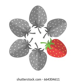 Unique red strawberry stands out from many gray ones isolated on white. Uniqueness, individuality, creativity and food concept. Flat design. Vector illustration. EPS 8, no transparency