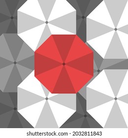 Un paraguas rojo único que sobresale de la multitud. Unicidad, innovación, creatividad e individualidad. Diseño plano. Ilustración vectorial. EPS 8, sin gradientes, sin transparencia