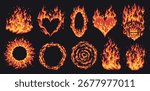 Unique representations of flames in different shapes including hearts circles and skulls. The vibrant colors create a striking and dynamic visual display of fire.