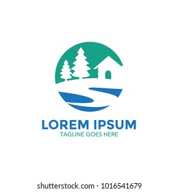 Unique resort Logo. Home illustrations with beautiful scenic backdrops. icon