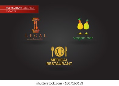 Plantilla única de juego de logotipos de bar y restaurante para su empresa, empresa o producto. Medical dan Legal Restaurant. Bar Vegan.