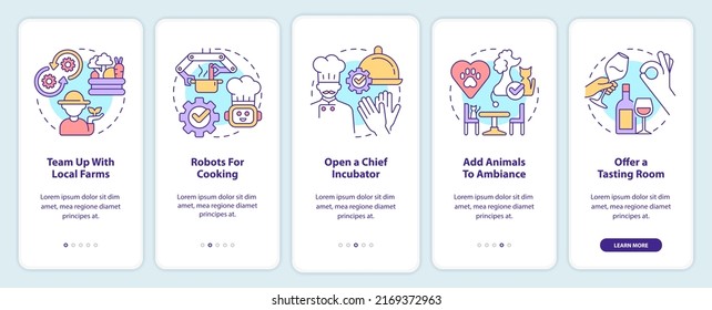 Unique restaurant ideas onboarding mobile app screen. Robots usage walkthrough 5 steps editable graphic instructions with linear concepts. UI, UX, GUI template. Myriad Pro-Bold, Regular fonts used