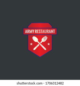 Plantilla de logotipo de restaurante único con icono de cuchara y tenedor sobre el escudo rojo y deja en la ilustración de rama objeto vectorial para marca de logotipo, icono o diseño de placa. Ilustración de lujo.