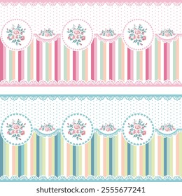 Unique retro background design with vintage flowers, hearts and stripes, can be applied to fabric, plastic etc.