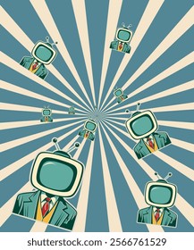 Unique retro illustration featuring men with television heads on a radial background.