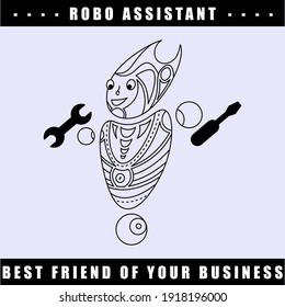 Unique Robot Assistant. Logo, Character For Your Business. Hero Of A Cartoon Or Children's Book. New Technologies, Future, Artificial Intelligence, Computer, Coloring