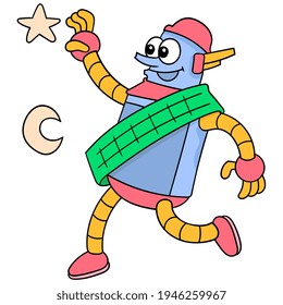 un robot único con cara feliz sonriendo soñando con estrellas de selección, ilustración vectorial art. imagen del icono del doodle kawaii.