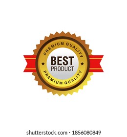 Distinción de oro redondeada única con el mejor vector de plantilla de producto de texto, medalla de oro de premio con diseño de cintas rojas