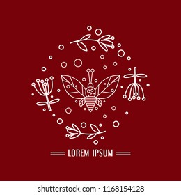 Unique round illustration of bee and flowers. Honey and beekeeping theme. Vector art