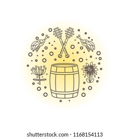 Unique round illustration of bees, spoons, barrel and flowers. Honey and beekeeping theme. Vector art