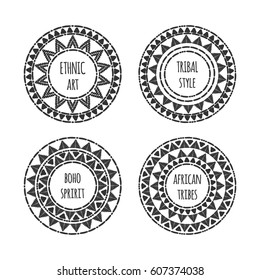 Unique round shape logo template set vector. Tribal hand drawn design for branding, badge, poster, apparel print, sticker or labels.