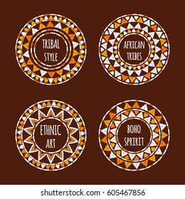 Unique Round Tribal Logo Template Collection Vector. African Hand Drawn Design For Branding, Badge, Poster, Apparel Print, Sticker Or Labels.