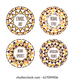 Unique round tribal logo template set vector. Aztec hand drawn design for branding, badge, poster, apparel print, sticker or labels.