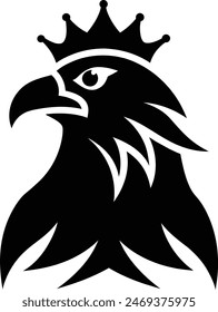 Unique royal silhouette eagle, crown on head, front full face view, closeup, business Logo Vector