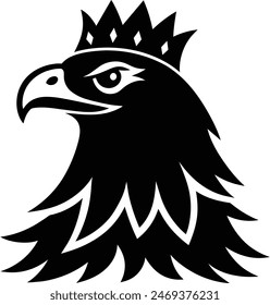 Unique royal silhouette eagle, crown on head, front full face view, closeup, business Logo Vector