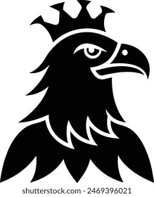 Unique royal silhouette eagle, crown on head, front full face view, closeup, business Logo Vector