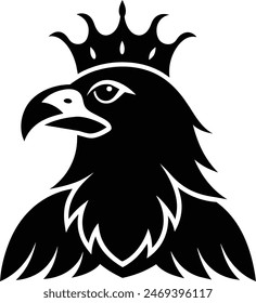 Unique royal silhouette eagle, crown on head, front full face view, closeup, business Logo Vector