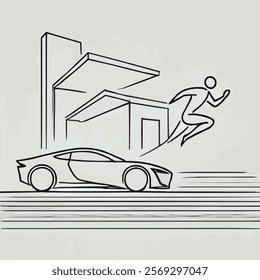 A unique scene featuring a house-shaped car with a running person beside it, blending elements of architecture, transportation, and human motion, capturing a sense of movement and innovation