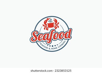 logotipo único de marisco y cocina casera en forma de círculo con una combinación de cangrejo y caldero