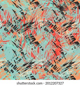 Unique seamless abstract exotic artwork with curved geometry elements, palm leaves