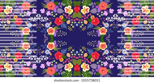 Unique seamless floral striped pattern with exotic plants and leaves on dark blue background in vector. Hibiscus, nasturtium, flax flowers and viburnum inflorescences.