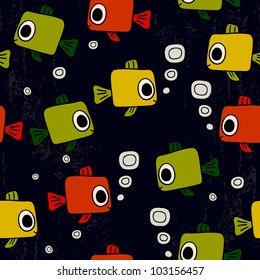 Unique seamless grunge pattern with amazing colorful fishes. Vector illustration. Seamless pattern can be used for wallpaper, pattern fills, web page background, surface textures.