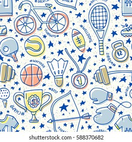 Unique seamless pattern with sport elements. Great background design for fitness centre or a gym. Boxing gloves, tennis racquet, bycicle and other sports gear.