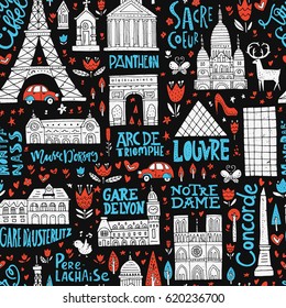 Unique seamless pattern with symbols of Paris.