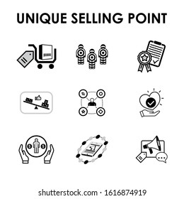 Unique selling point icons set for website and social media: unique, sale, target audience, consumer, benefits, difference, competition. Vector design illustration.