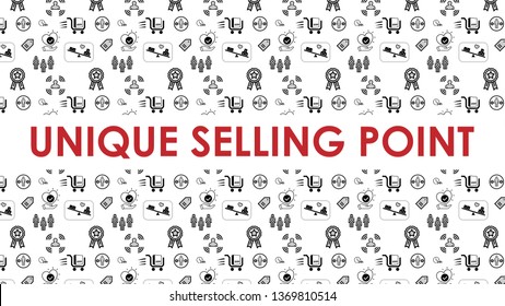 Unique selling point Slide template for presentations with icons (16x9 ratio). Banner for website and social media. Contains seamless pattern swatch. Vector design illustration