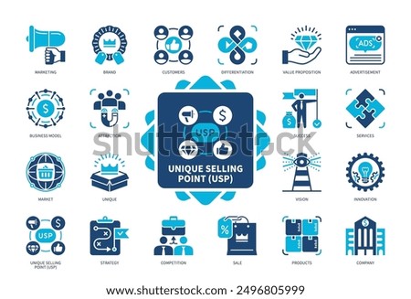 Unique Selling Point USP icon set. Advertisement, Innovation, Vision, Attraction, Brand, Competition, Sale, Company. Duotone color solid icons