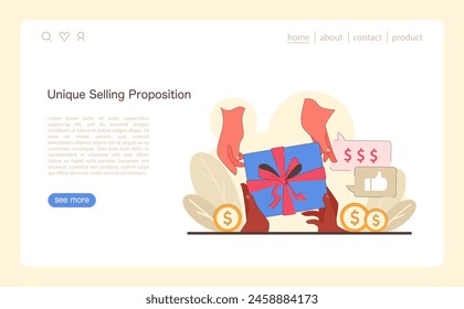 Unique Selling Proposition concept. Hands exchanging a gift and money, representing the value trade-off in marketing and sales strategies. Flat vector illustration