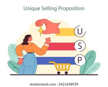 Unique Selling Proposition concept. Highlights the process of defining standout features in a competitive market. Essential for creating a compelling market offer. Flat vector illustration.