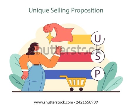 Unique Selling Proposition concept. Highlights the process of defining standout features in a competitive market. Essential for creating a compelling market offer. Flat vector illustration.